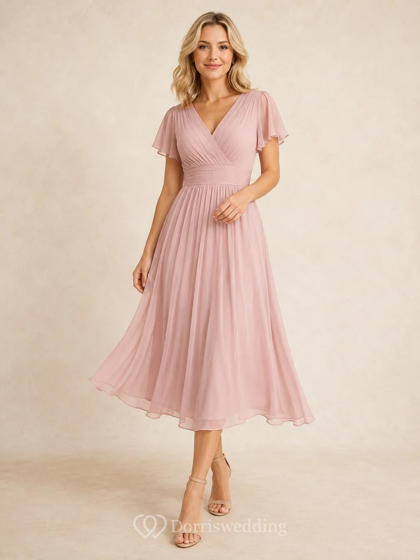 Teelanges, romantisches Chiffon-Kleid in A-Linie mit V-Ausschnitt, kurzen Ärmeln und in A-Linie – ein formelles Abendkleid