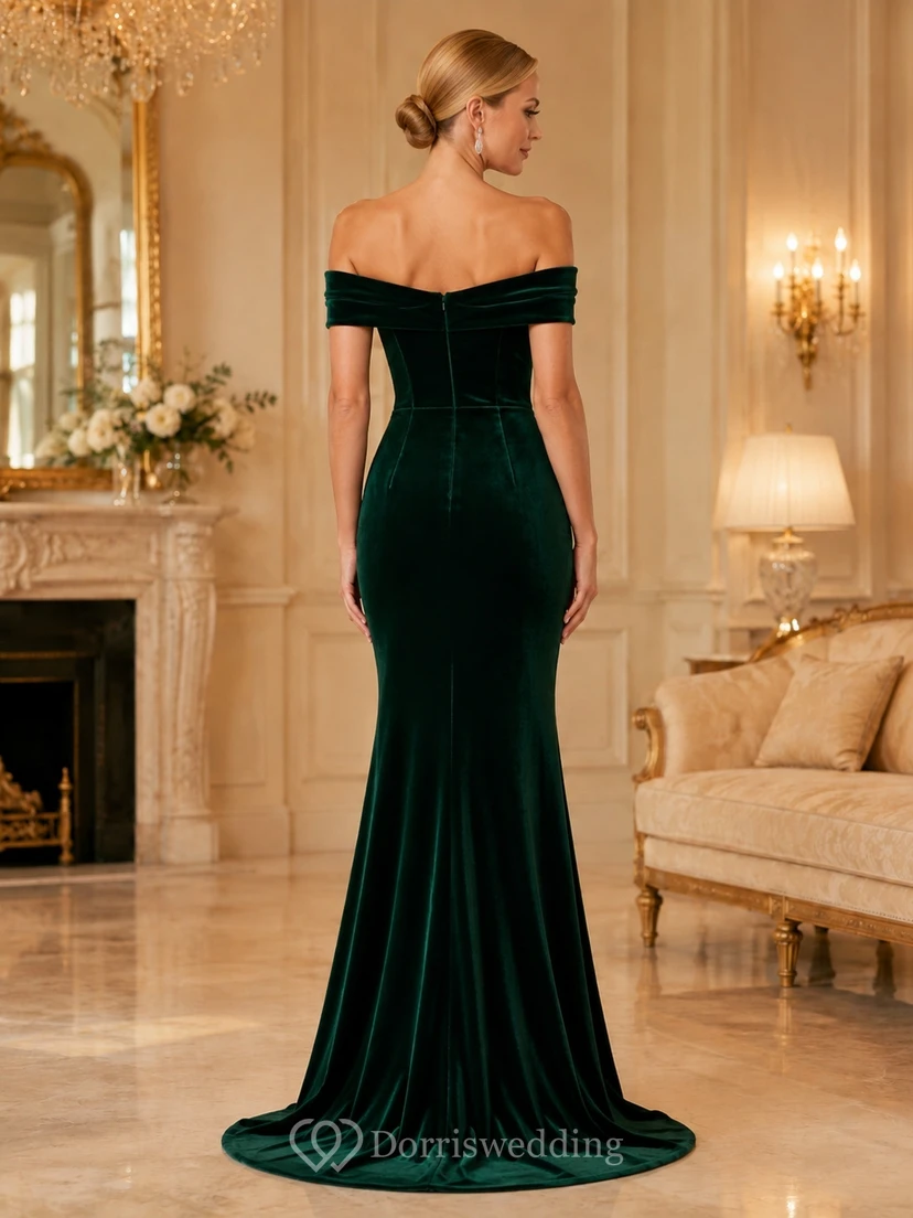 Dark Green Off-Shoulder Velvet Mermaid Sweep Train Elegant Black-Tie Evening Gown view 2