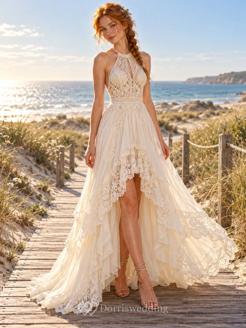 Boho High-low Halter Openwork Lace Chiffon A-line Train Wedding Dress