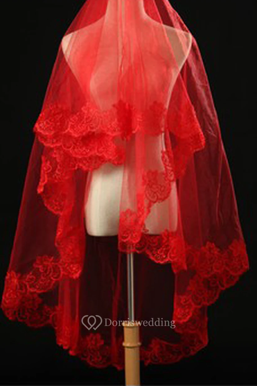 Red Lace Applique Veil view 2