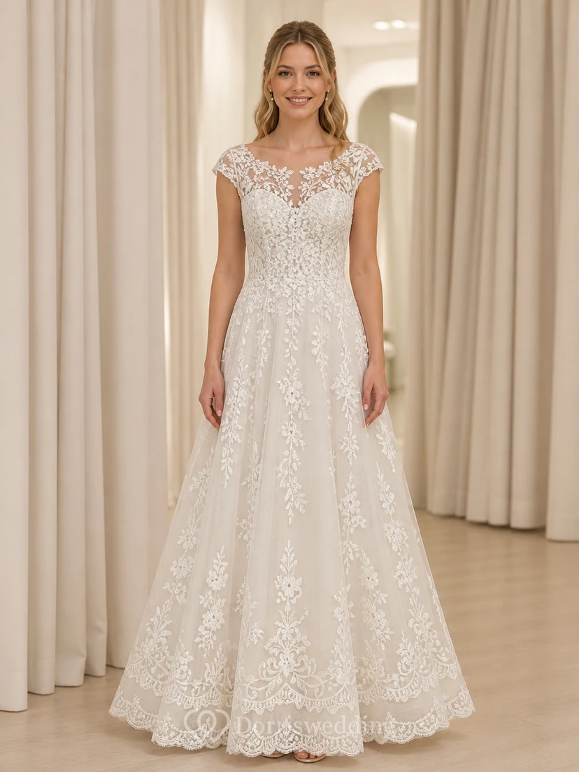 Vestido de novia modesto de corte A con escote barco, encaje botánico, mangas cortas y largo hasta el suelo.