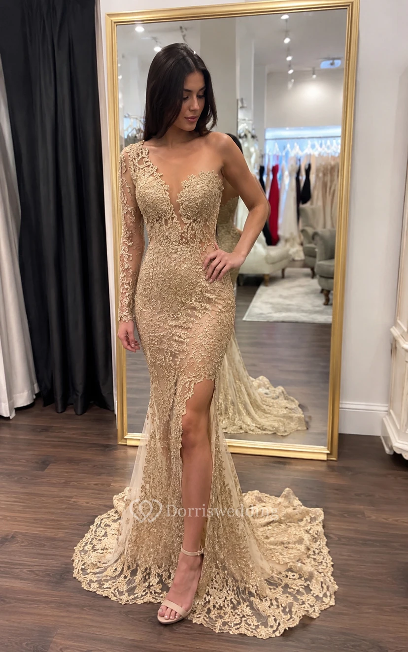 Black One-Shoulder Lace Mermaid Prom Dress with High Split view 8