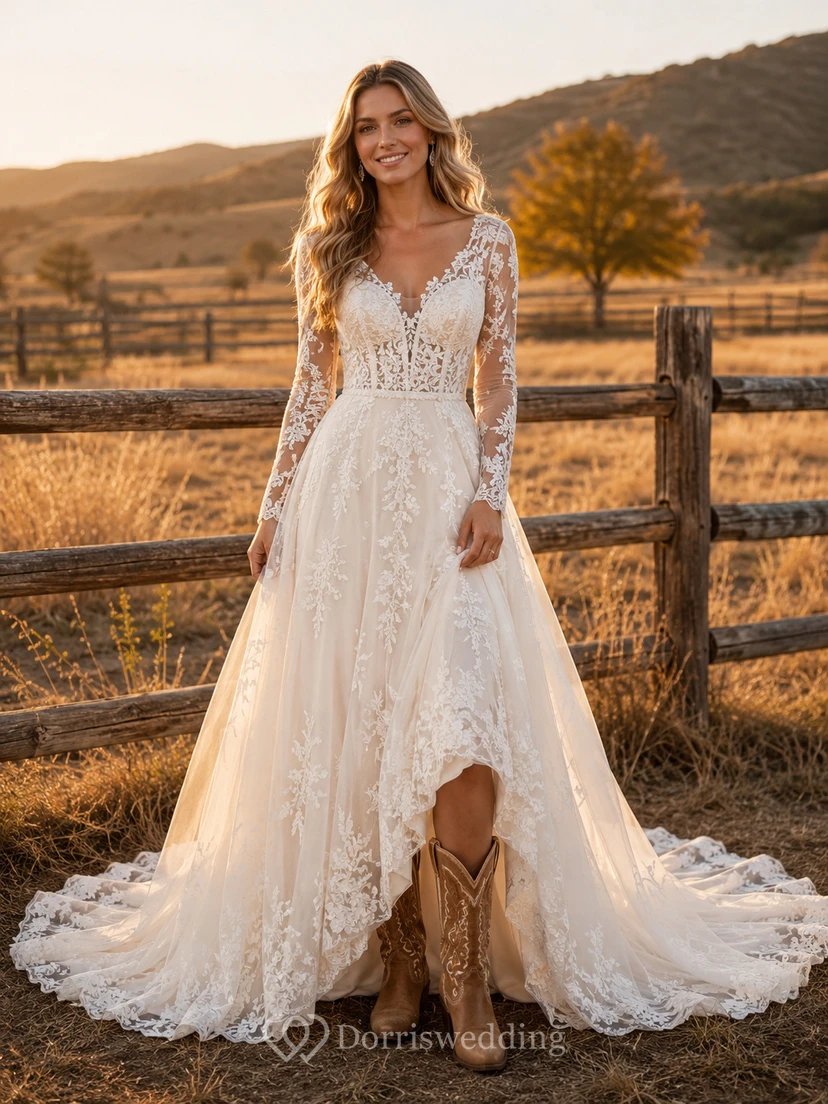 Western Long Sleeve Lace High Low Ranch Bridal Gown