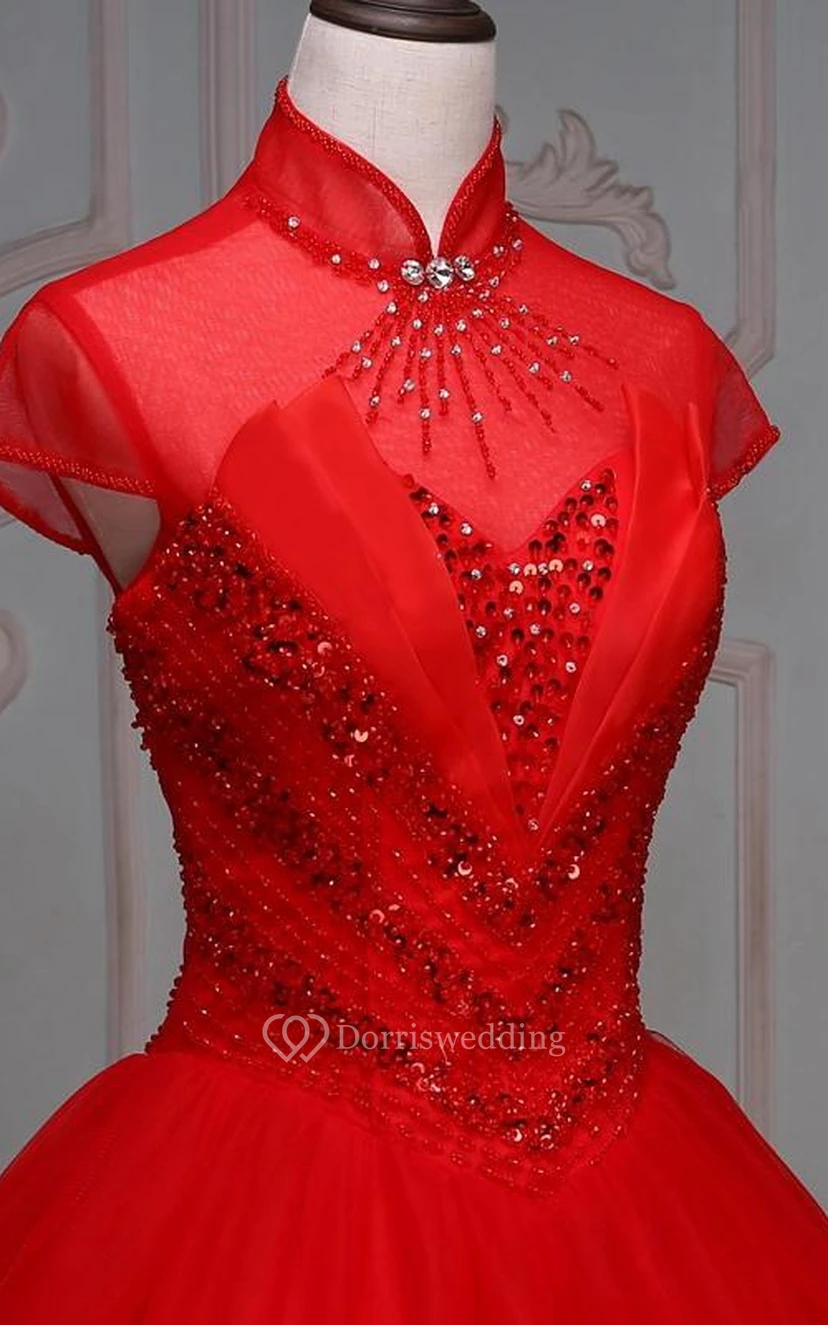 Ball Gown Long High Neck Bell Cap Pleats Beading Lace-Up Back Tulle Lace Dress view 5