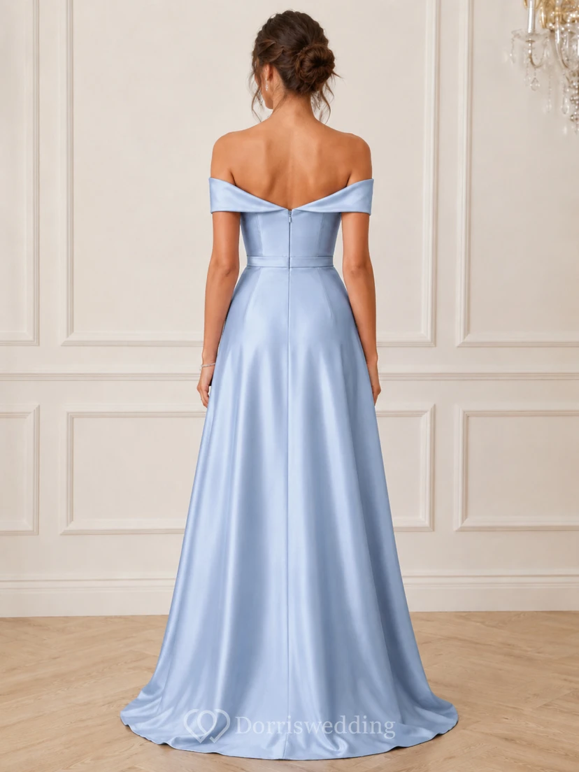 A-Line Off-the-Shoulder Short Sleeve Satin Prom Dress with Slit view 2