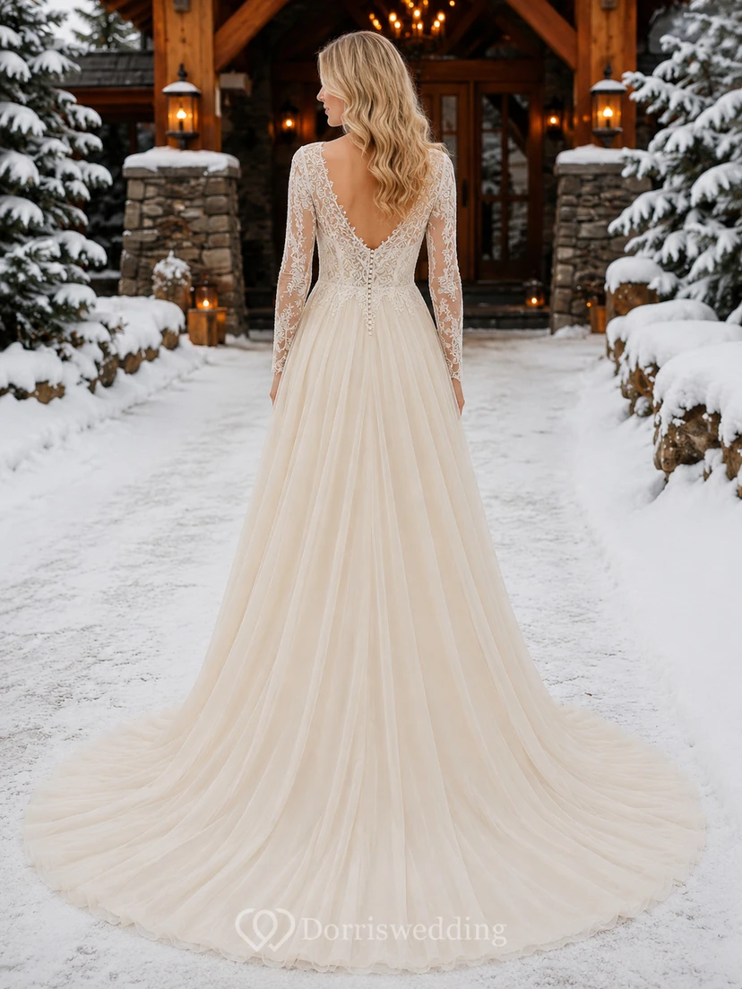 Champagnerfarbenes, langärmeliges A-Linien-Spitzenkleid im Lodge-Stil view 2