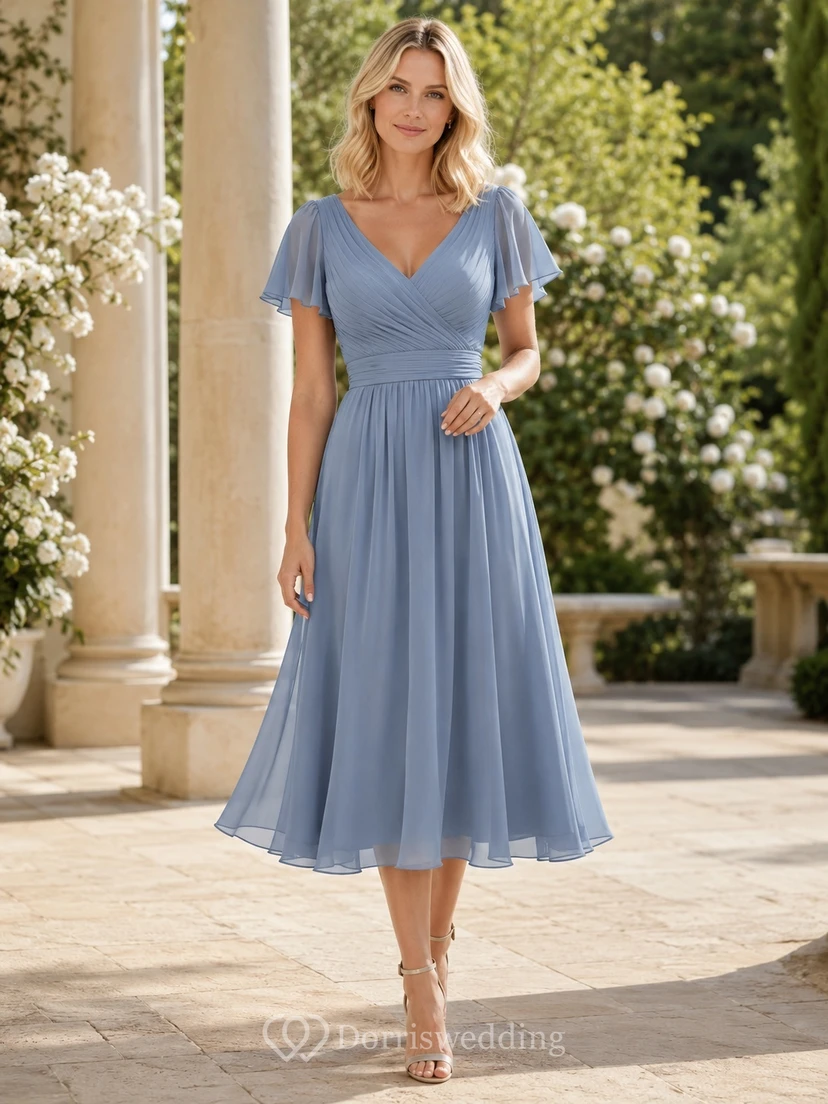 Modest Sky Blue Flutter Sleeve Pleated Chiffon A-Line Tea-Length Guest Dress