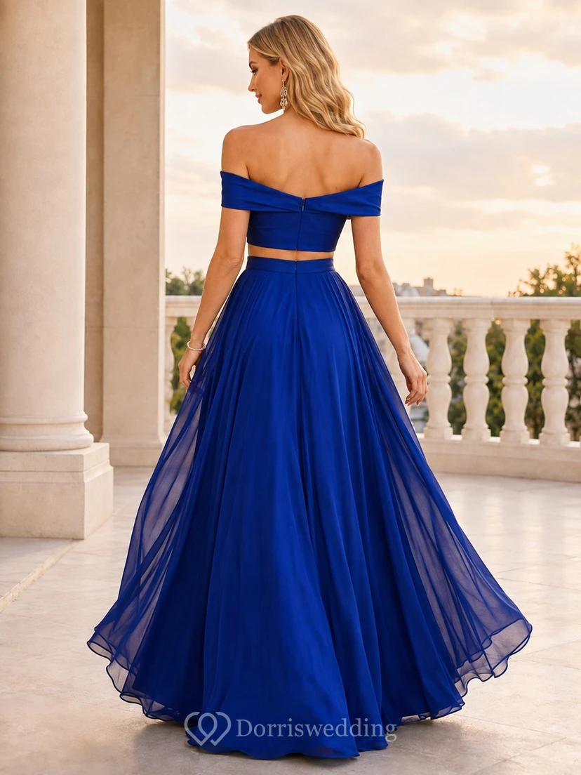 Royal Blue Off Shoulder Two Piece Chiffon Floor Length Prom Dress view 2