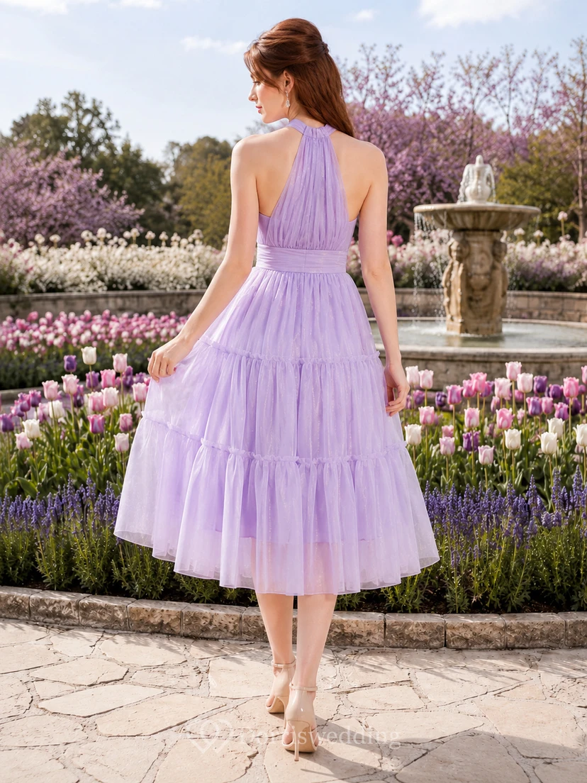 Lavendelfarbenes Neckholderkleid aus gestuftem Tüll in Teelänge und A-Linien-Schnitt view 2