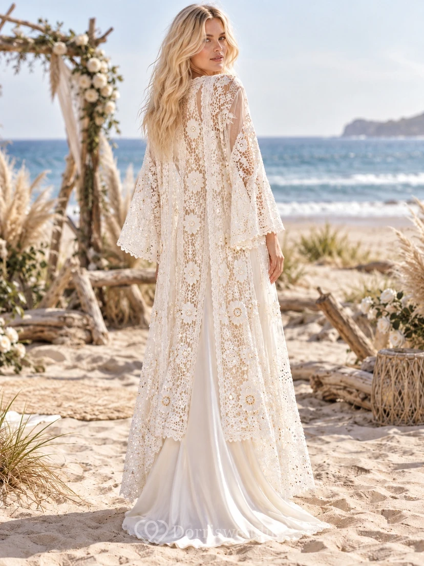 Boho Bell Sleeve Floral Lace Long Jacket Bridal Slip Dress Ensemble view 2