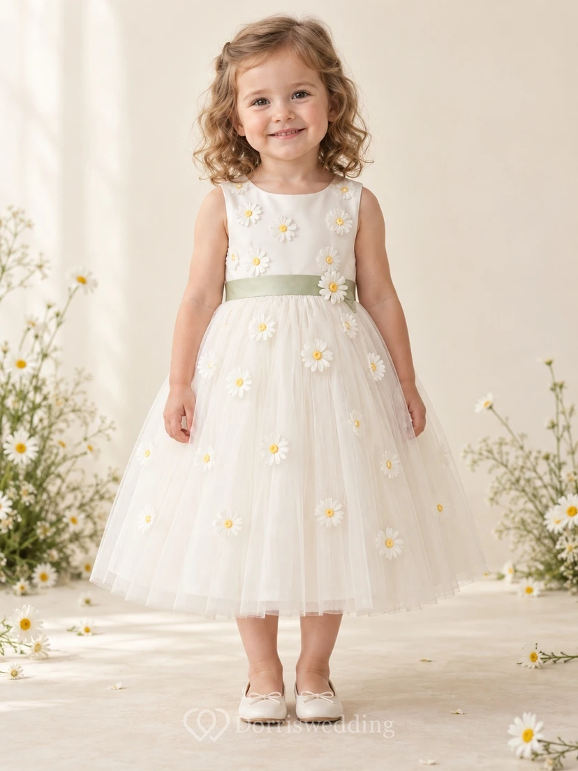 Tea-length Ivory Floral Summer A-line Tulle Sleeveless Green-sashed Flower Girl Dress