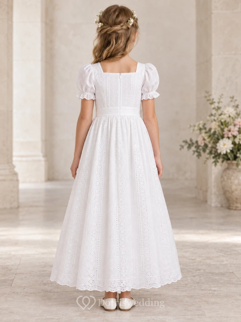 Modest Square Neck White Ankle-length Puff Sleeve Eyelet Communion Dress view 2