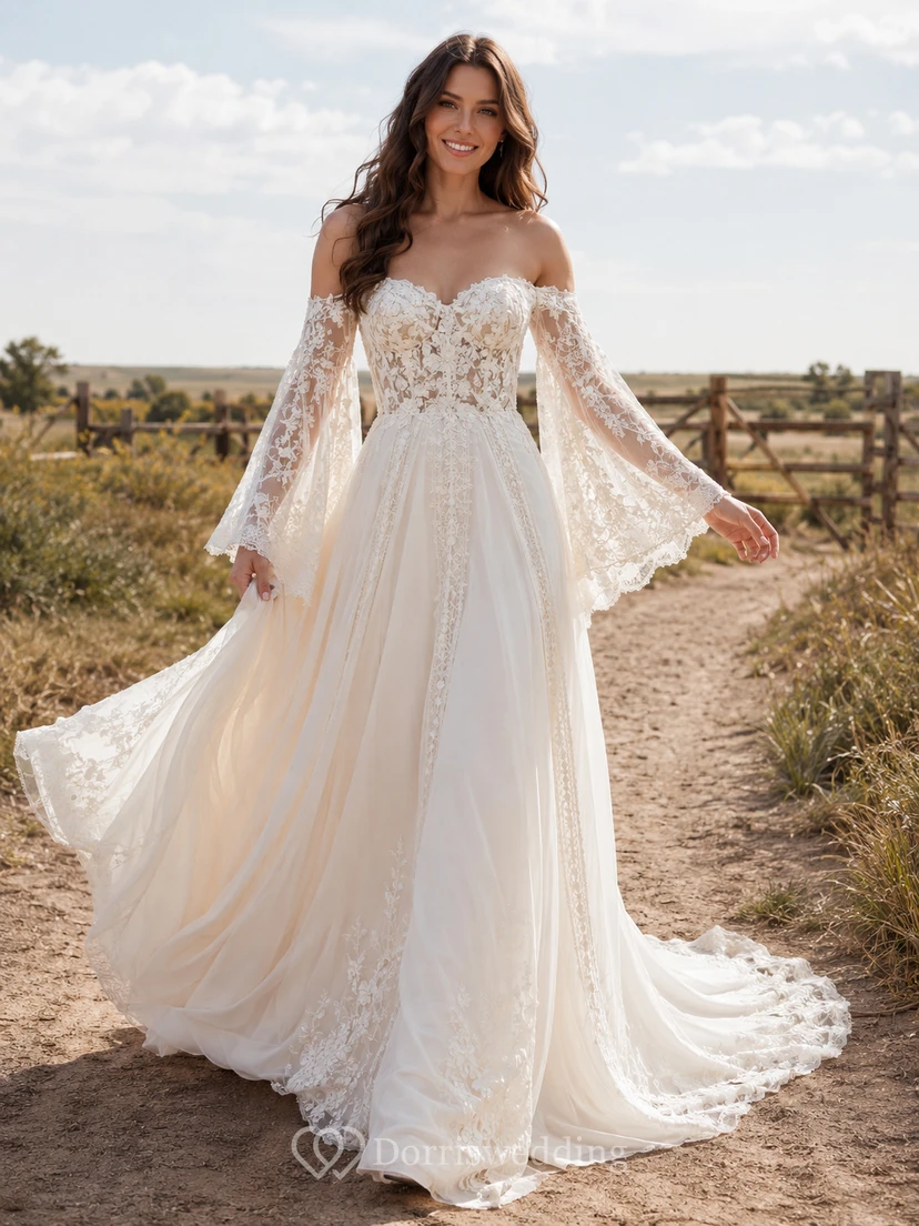 Vestido de novia de tul y encaje campestre, corte en A, hombros descubiertos, manga corta, cola de capilla, espalda baja en V.