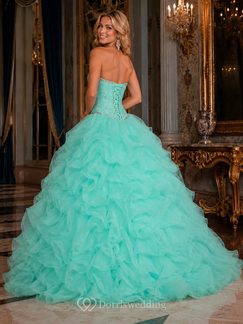 Vestido de gala largo hasta el suelo, escote corazón, sin mangas, volantes, lentejuelas y organza view 2