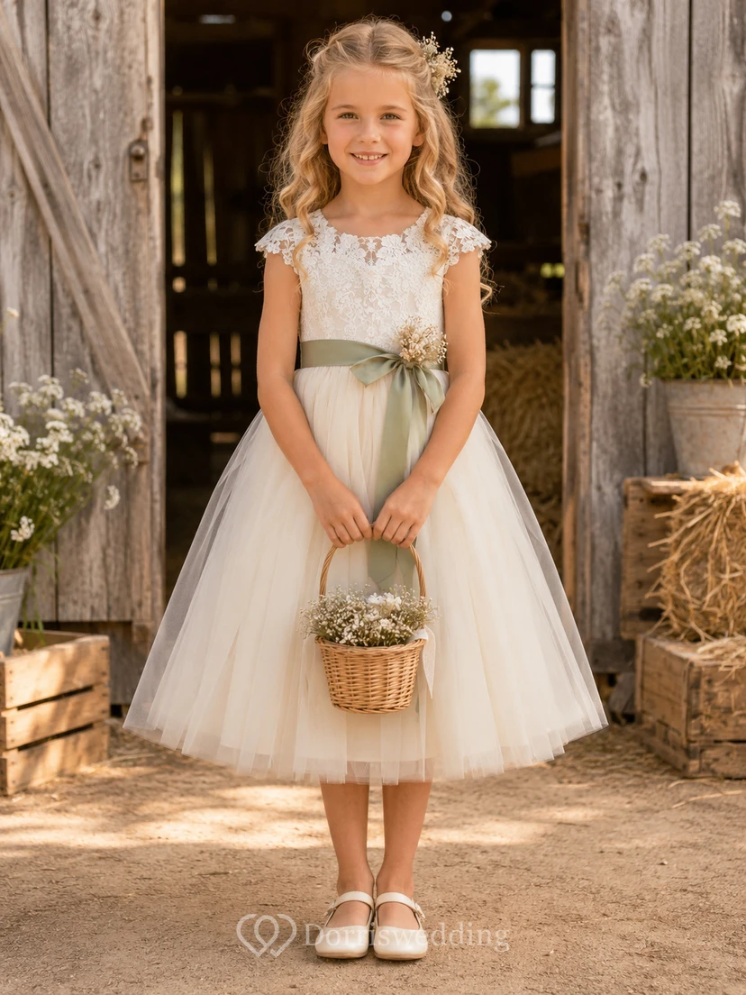 Boho Tea-Length A-Line Country Flower Girl Lace Tulle Sage Sash Cap Sleeve Jewel Neck Dress