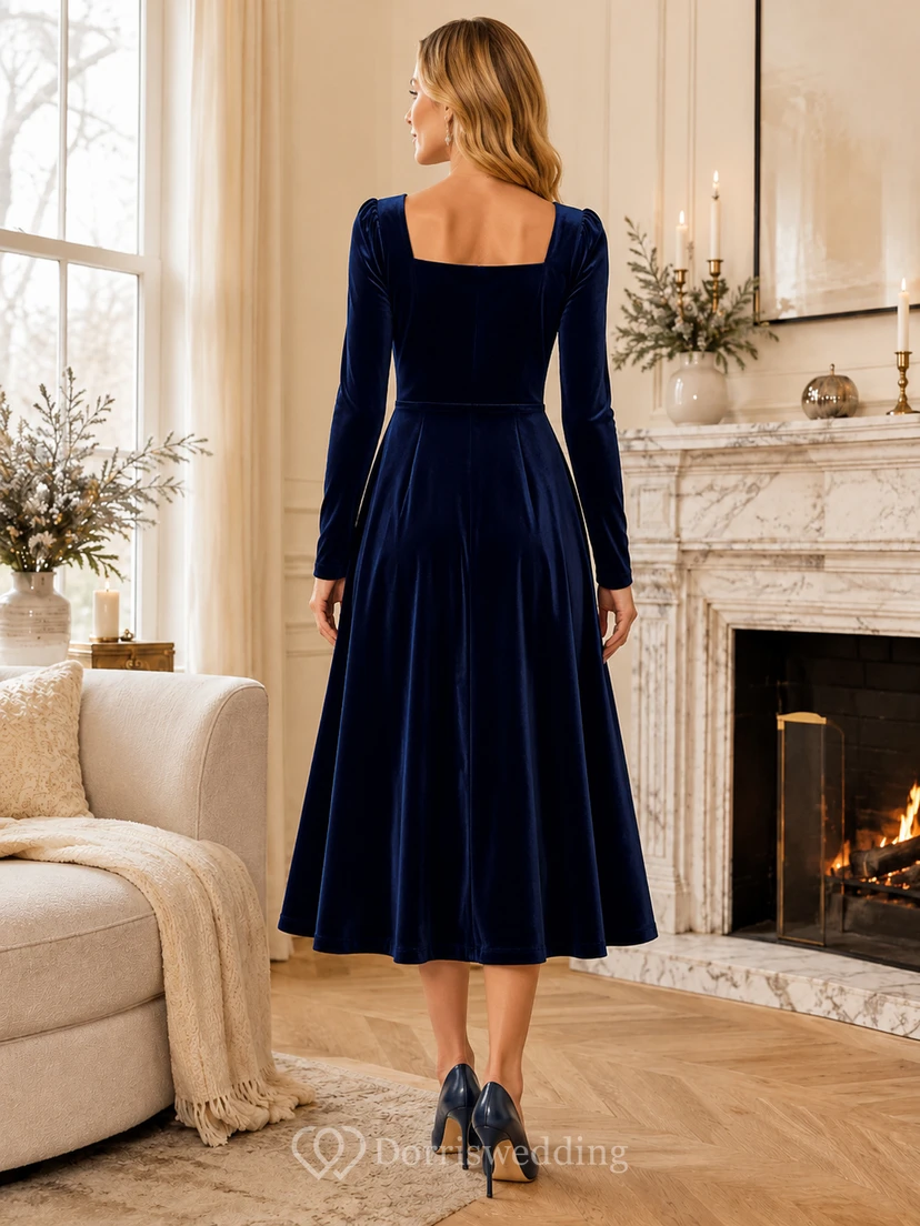 Navy Square Neck Long Sleeve Velvet Winter Occasion Dress view 2