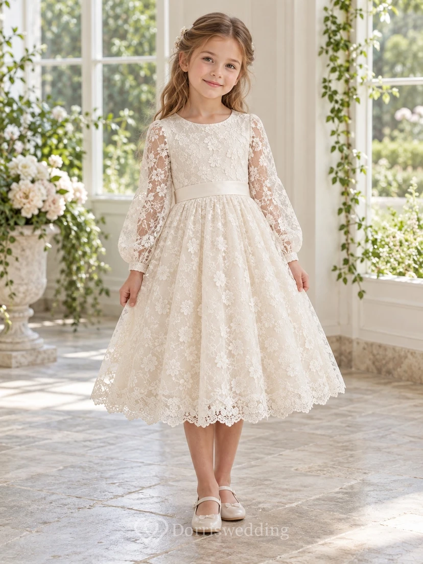 Tea-length Long Sleeve Cream Floral Jewel Bishop Cuff Scalloped Lace Satin Sash Button Flowergirl Dress