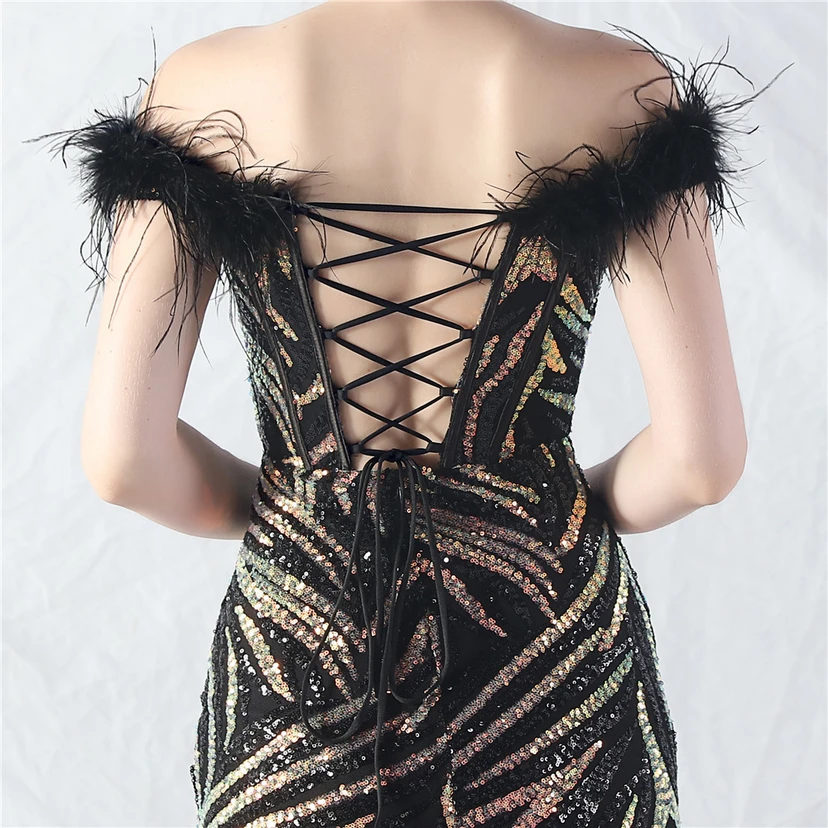 Robe de soirée haut de gamme à sequins, ornée d'un gilet à taille en arêtes de poisson et de plumes d'autruche. view 56