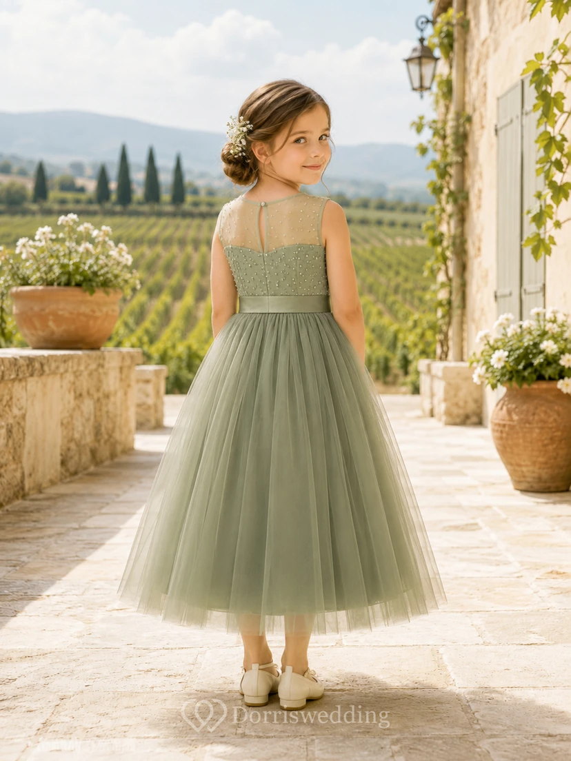 Simple Modern Flower Girl Dress Jewel Neck Sleeveless Sage Tulle Tea Length Satin Waist view 2