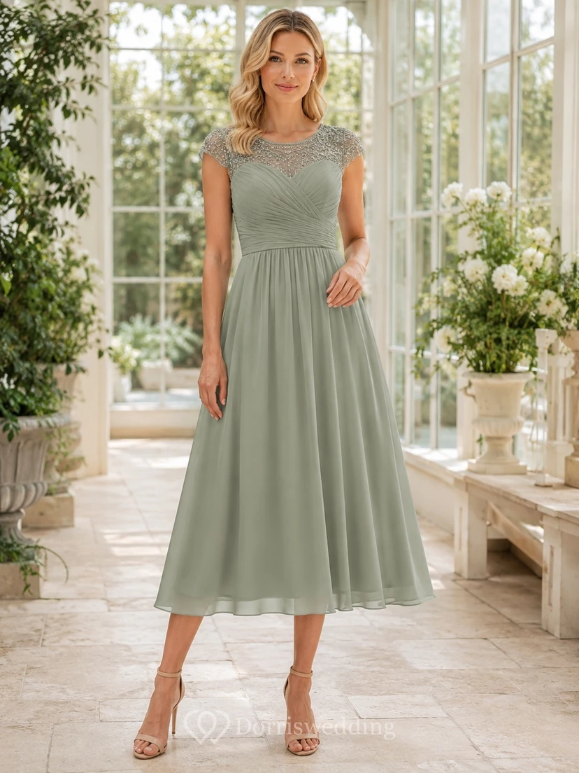 Sage Cap Sleeve Beaded Chiffon A-Line Tea-length Formal Guest Dress