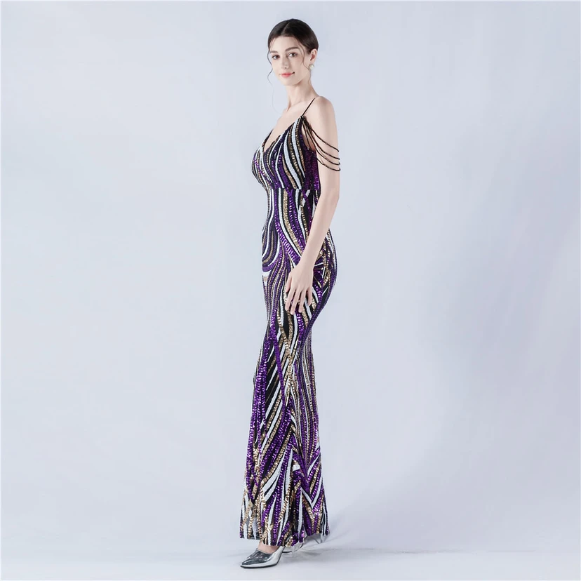 Sequined Striped Color Matching Slim Dinner Host Suspender Long Dress For Women view 30