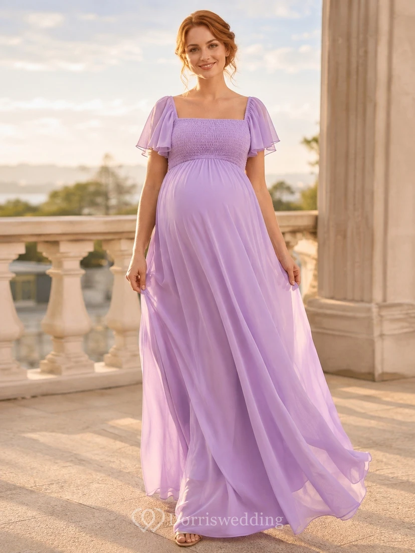 Lavender Chiffon Square Neck Short Sleeve A-line Maternity Gown