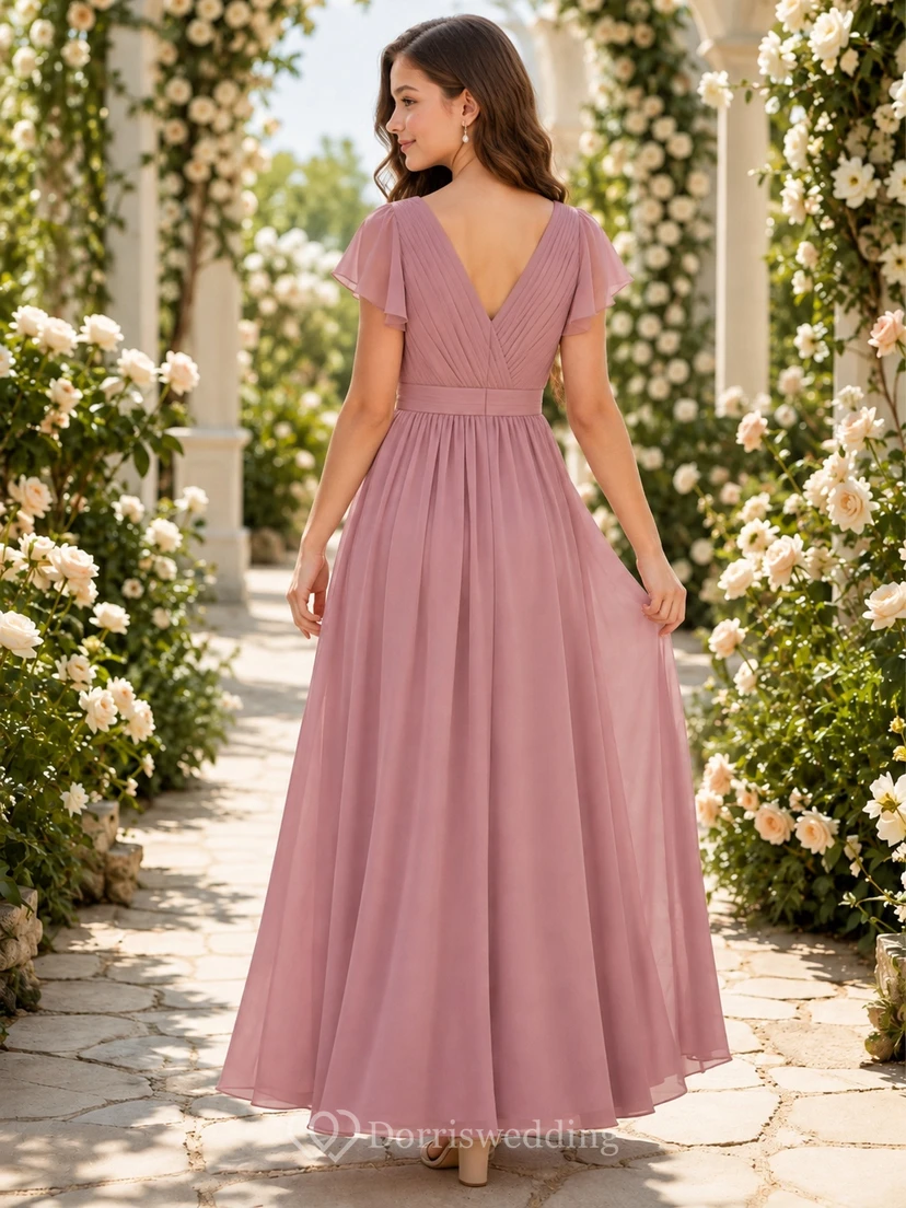 Elegantes Brautjungfernkleid in Altrosa, A-Linie, V-Ausschnitt, kurze Ärmel, plissiert view 2