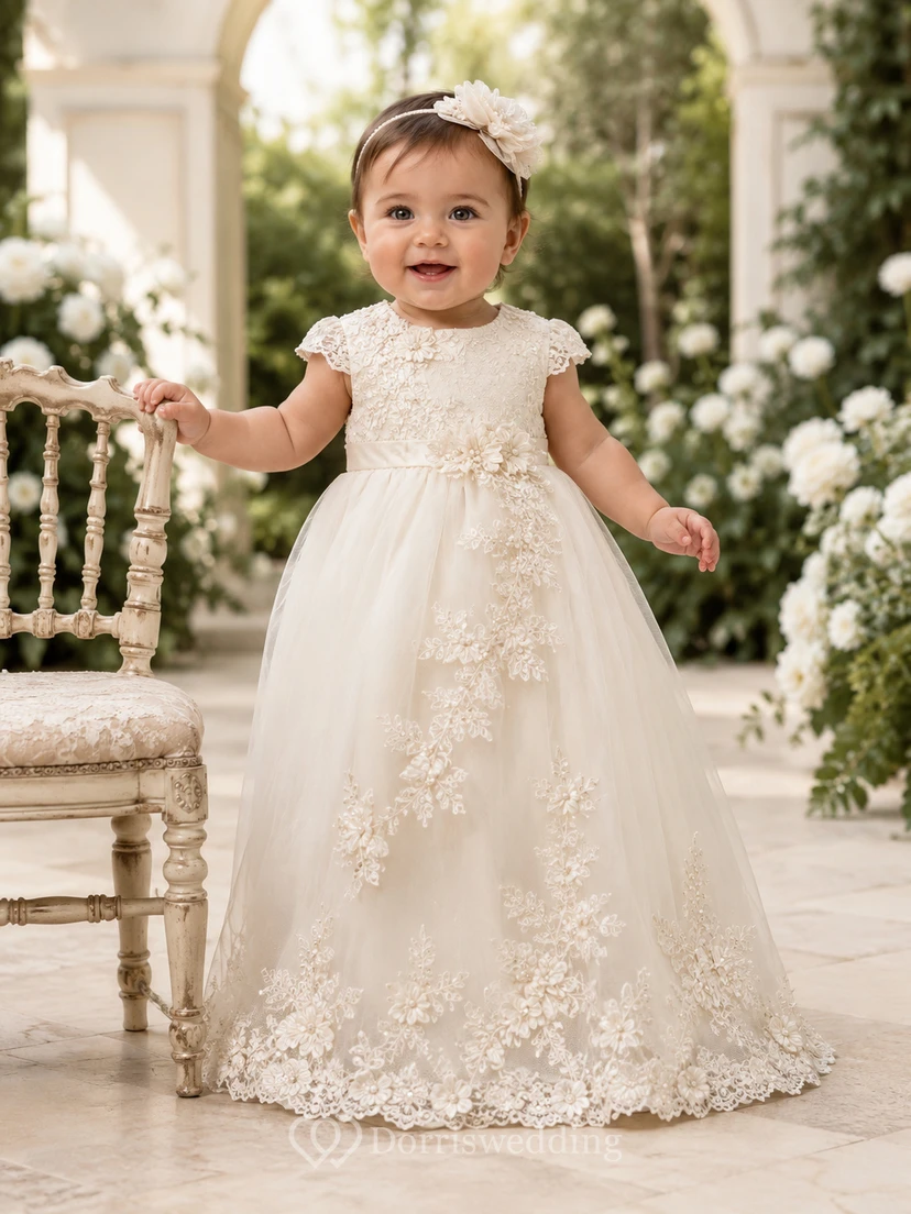 Floral Applique Christening Gown A-Line Tulle Lace Sleeveless Floor-Length