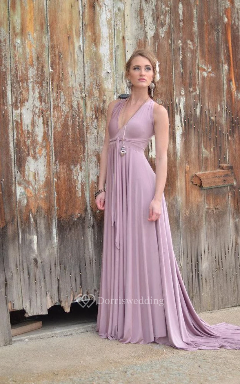 V Neck Pleated A-line Jersey Long Dress With Criss Cross Back view 5