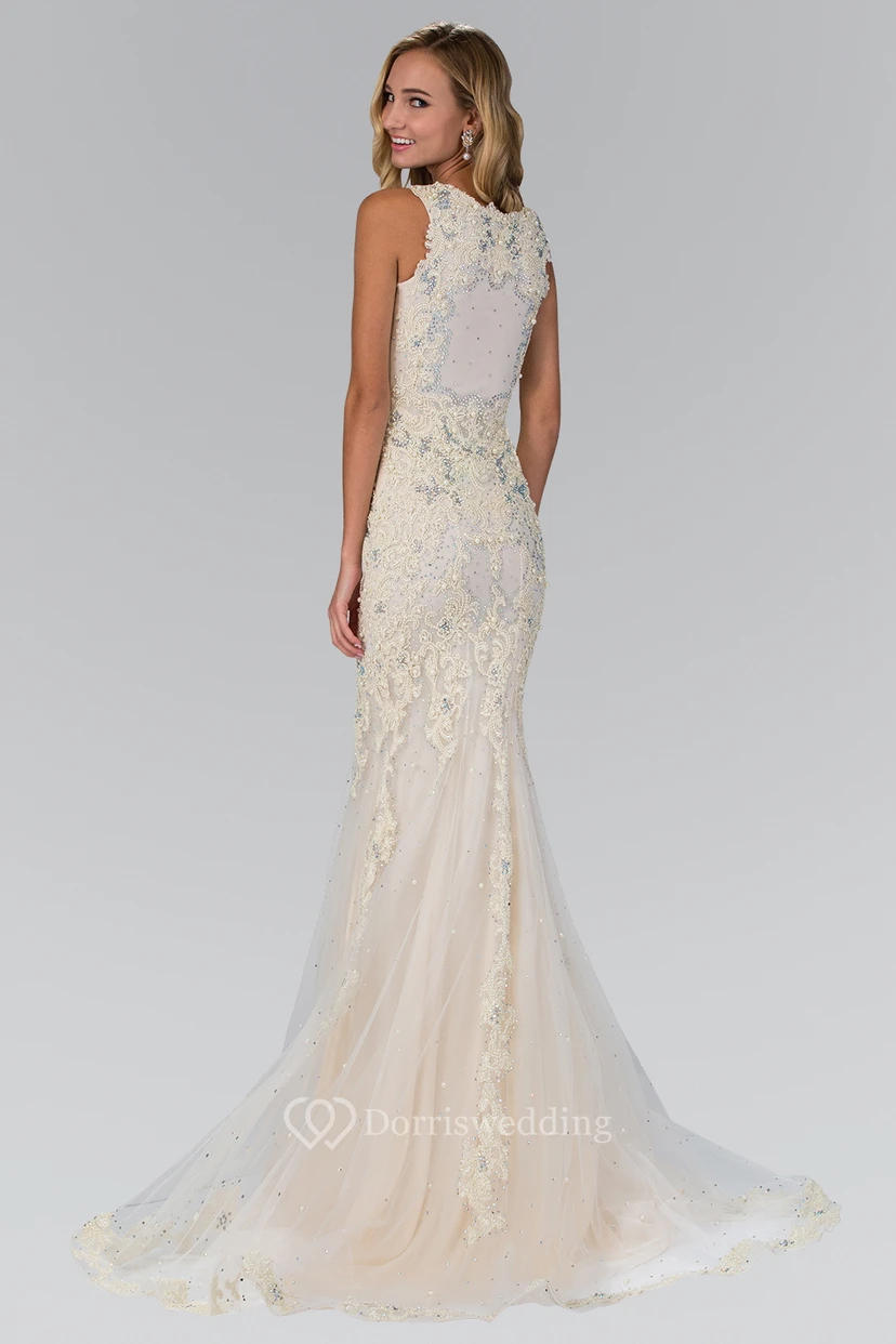 Sheath Long Jewel-Neck Sleeveless Tulle Dress With Beading And Appliques view 2