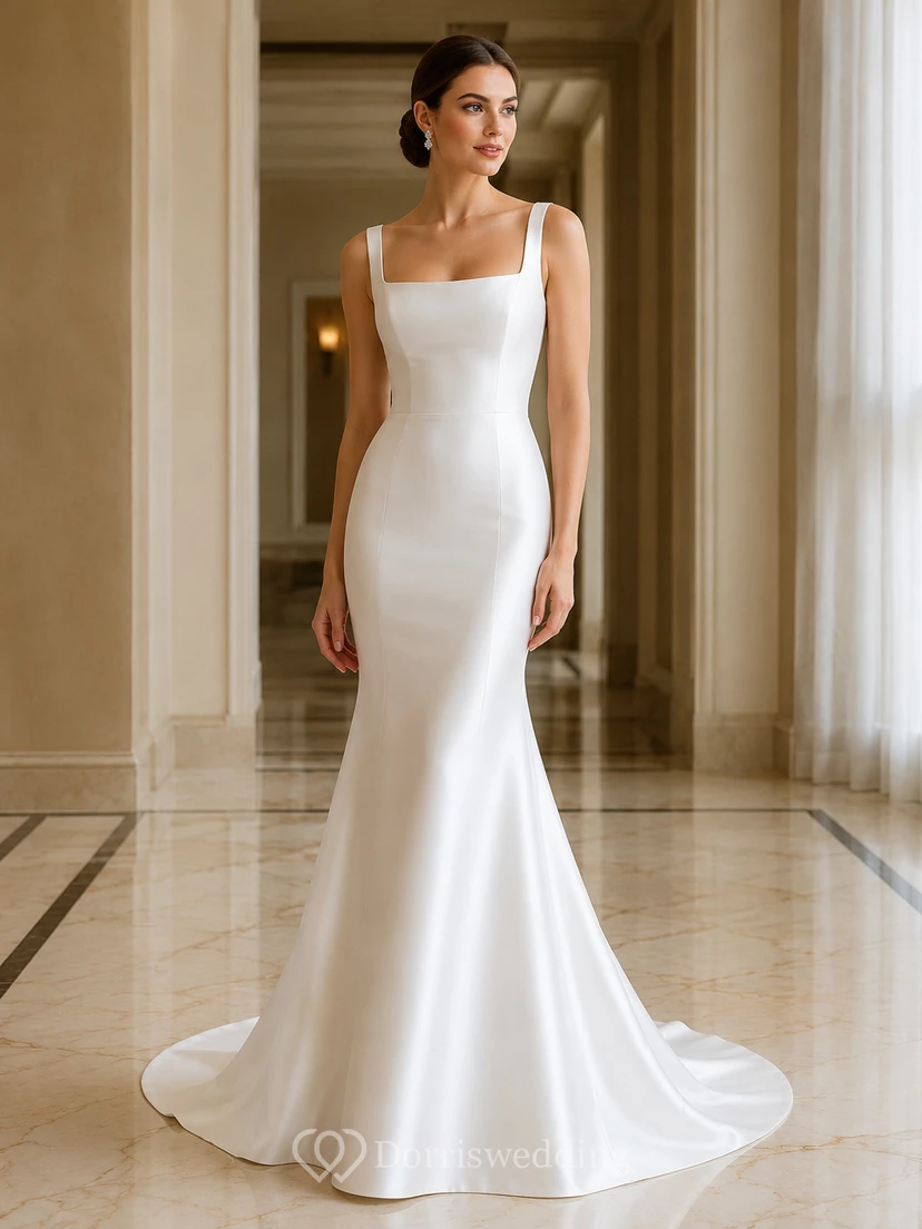 Minimalist Square Neck Sleeveless Satin Mermaid Court Train Modern Wedding Dress