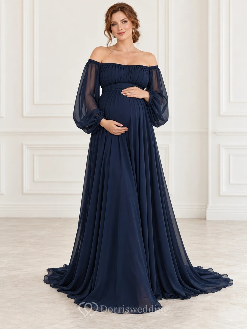 Maternity Long Sleeve Dark Navy Off Shoulder Empire Chiffon Gown