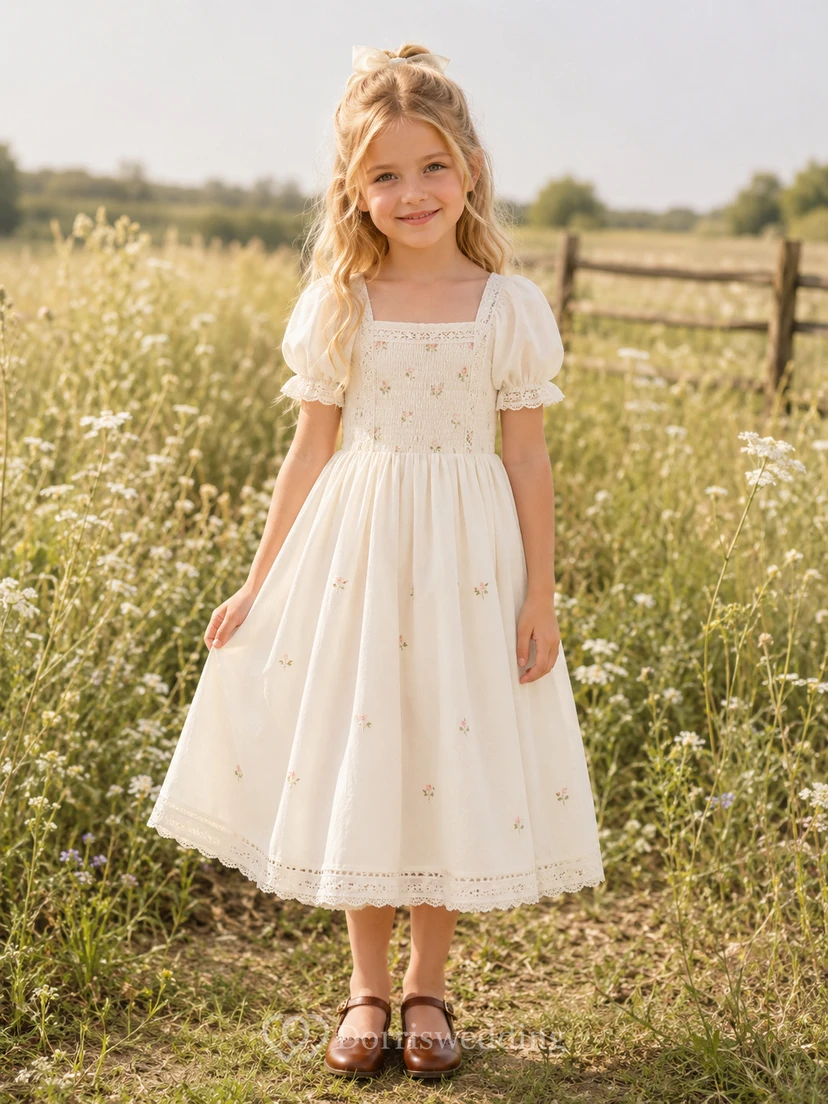 A-Line Flowergirl Tulle Tea-Length Puff Sleeve Prairie Wedding Dress
