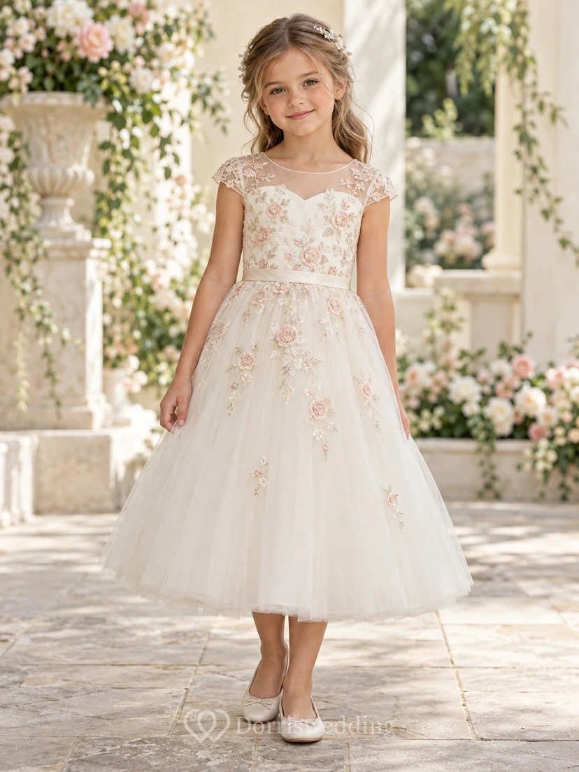 Modest Long Sleeve Tea-length Ivory Floral Applique Illusion Tulle Flower Girl Dress view 2
