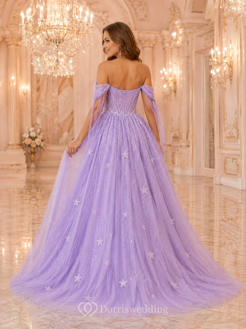 Himmlisches Lavendel-Ballkleid aus schulterfreiem Pailletten-Tüll mit Sternenmuster view 2