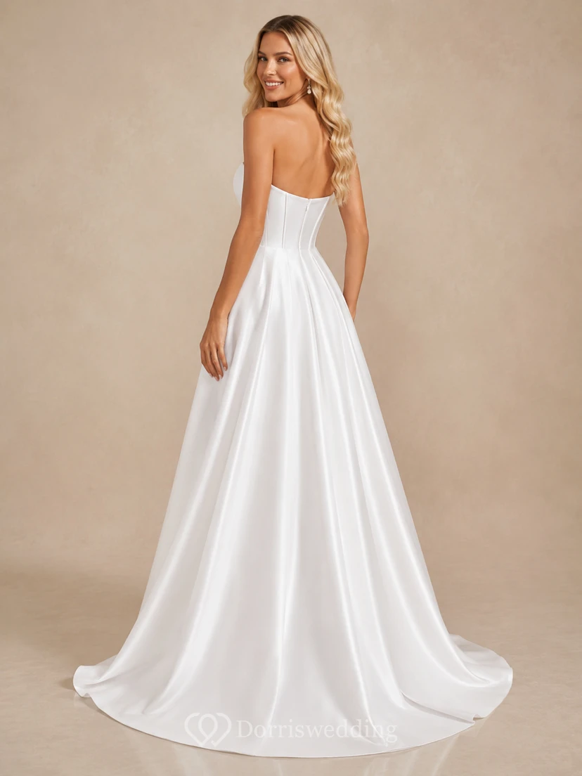 Weißes, trägerloses, herzförmiges, geschlitztes Satin-Abendkleid in A-Linie für festliche Anlässe view 2
