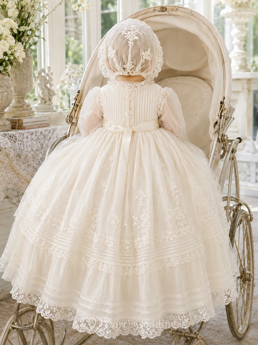 Vintage Modest Baby Baptism Christening Ceremony Dress A-Line Tea-Length High Neck Long Sleeve Tulle Lace Bow Back Ruffle Trim Button Back view 2