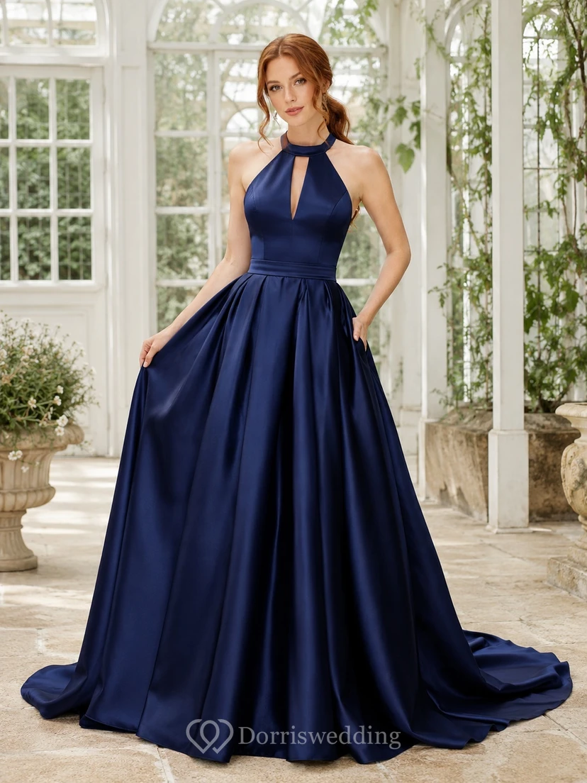 Navy Satin Keyhole Halter Sleeveless Ball Gown Sweep Train Prom Dress