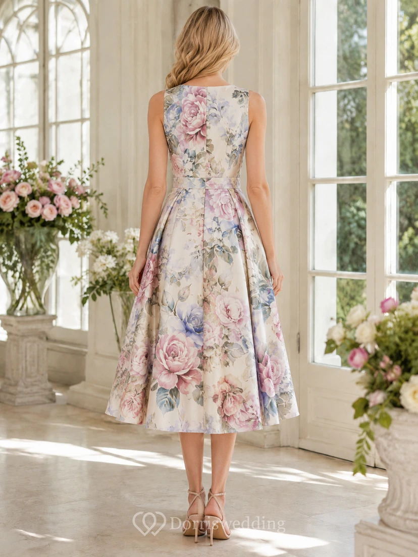 Vestido de invitada sin mangas, corte A, largo midi, con estampado floral de pintura al óleo view 2