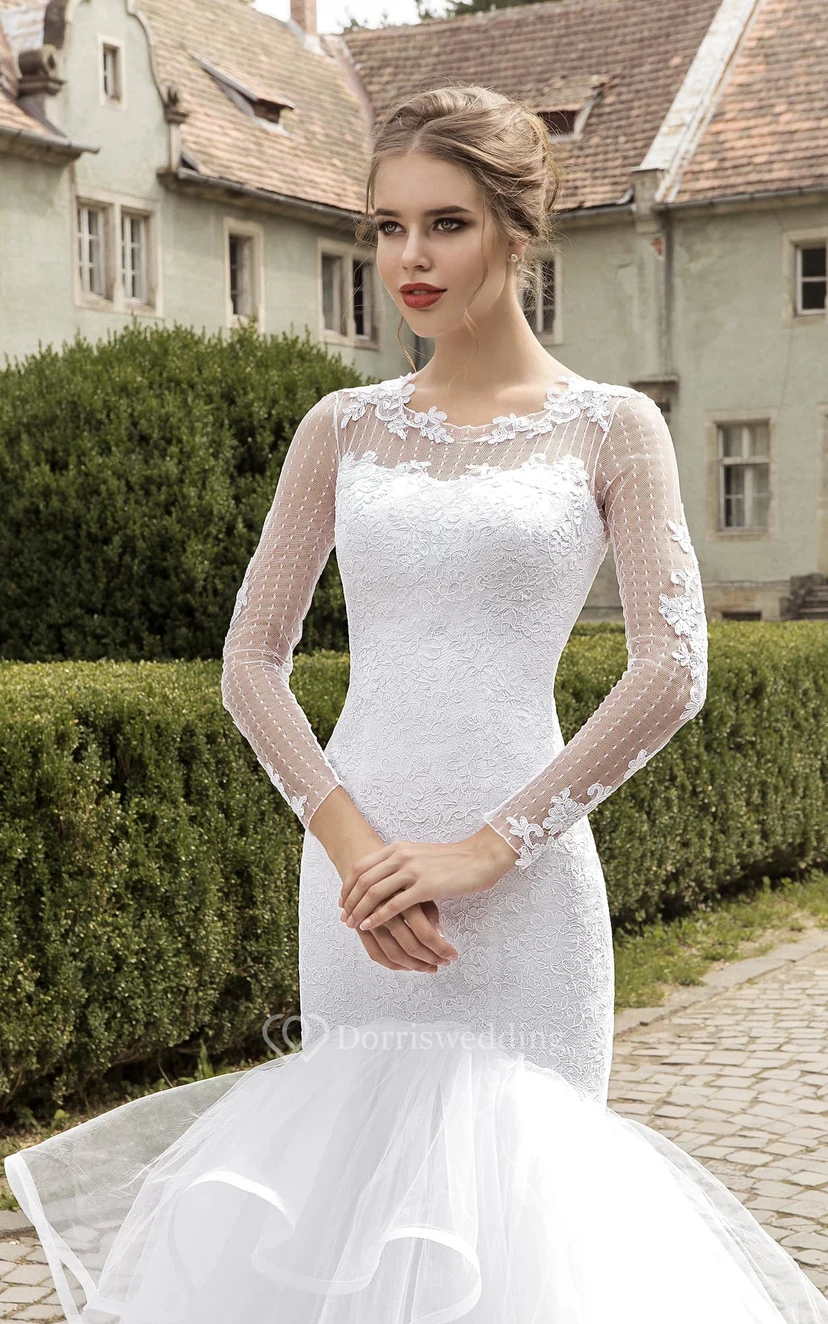 Illusion Long Sleeve Appliques Mermaid Dress  view 2