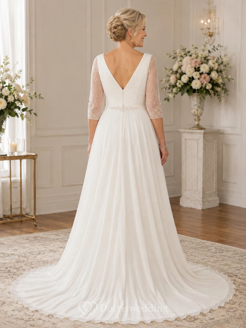 Plus Size Chiffon-Hochzeitskleid in A-Linie für ältere Bräute mit V-Ausschnitt und Spitzenärmeln view 2