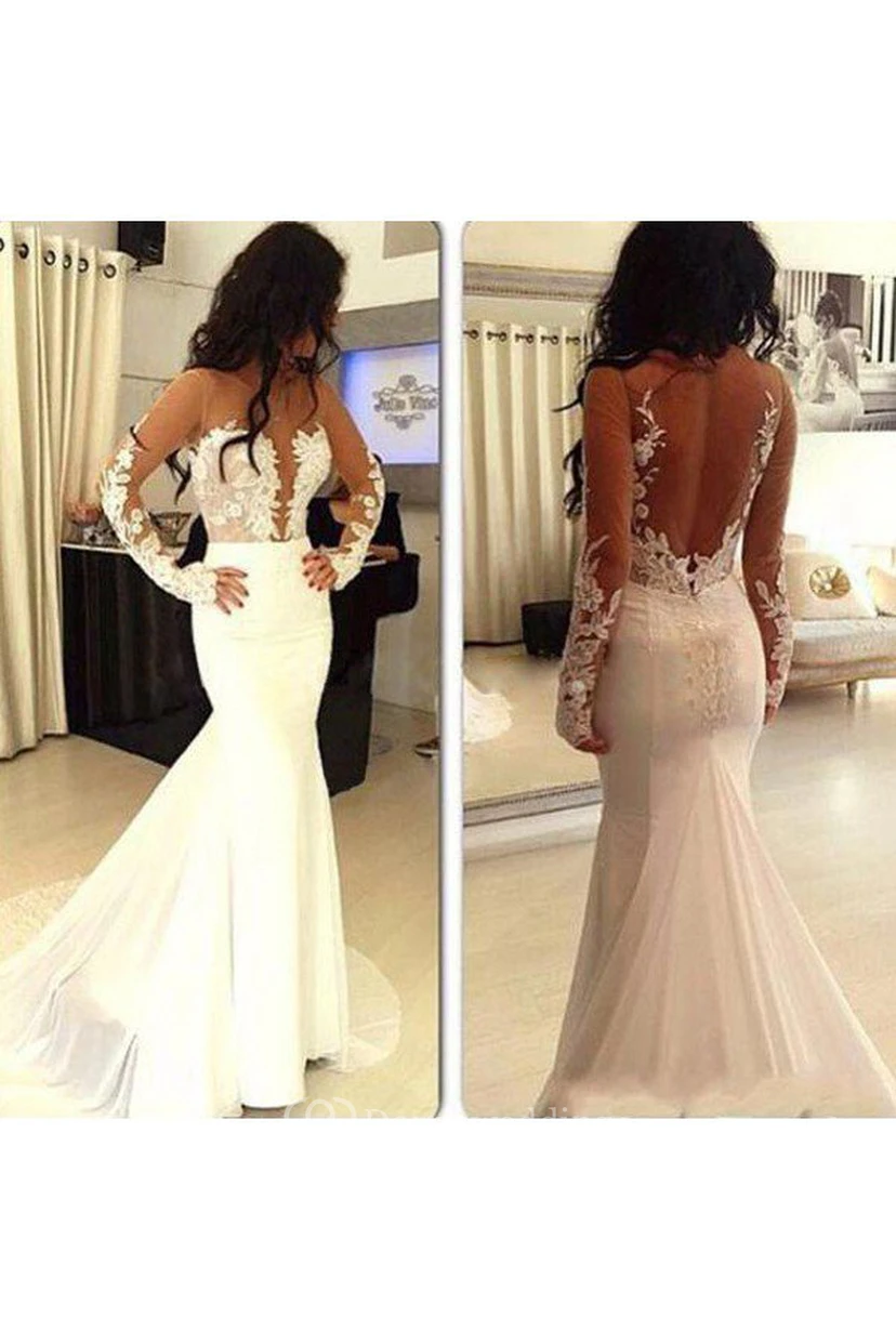 Mermaid Trumpet Chiffon Lace Scoop Long Sleeve Illusion Dress