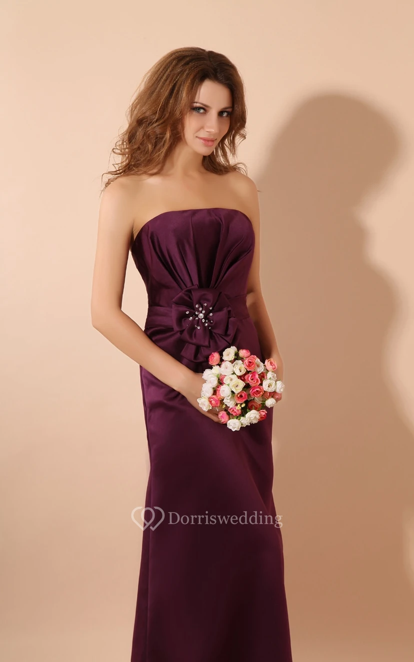 Satin Strapless Maxi Dress and Ruching and Flower view 3