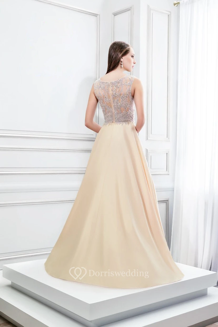 A-Line Sleeveless Scoop Neck Beaded Satin Prom Dress With Illusion Back view 2