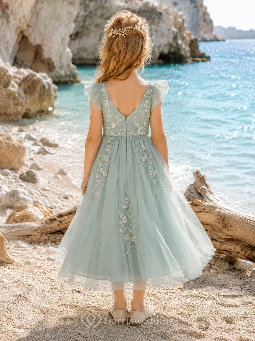Blumenmädchenkleid aus salbeigrüner Spitze und Tüll, A-Linie, kurze Ärmel, V-Ausschnitt, Teelänge view 2