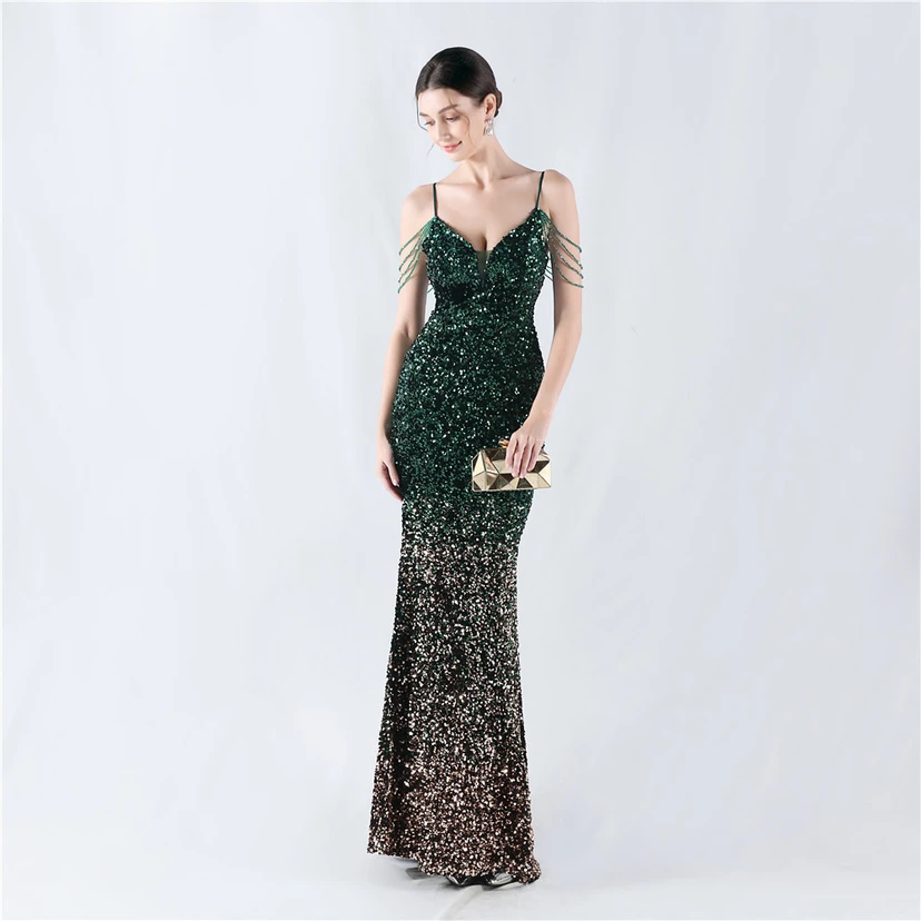 Velvet-Bottom Gradient Sequined Sexy Beaded Suspender Evening Dress view 14