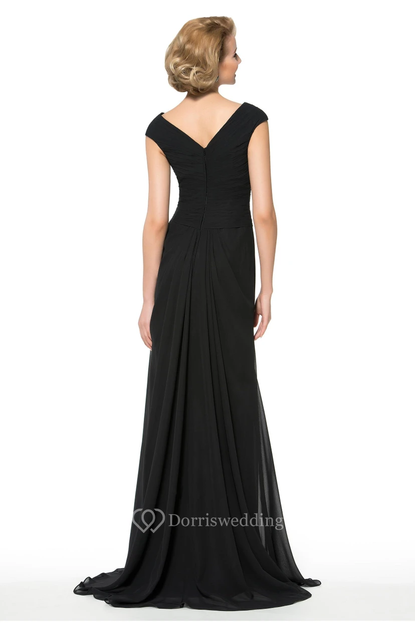 Elegant Chiffon V-Neck Cap Sleeve Long Dress with Beading view 2