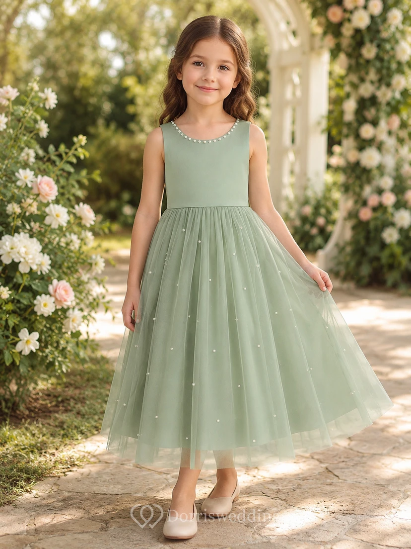 Scoop-neck Sleeveless Tulle Satin A-line Flowergirl Dress