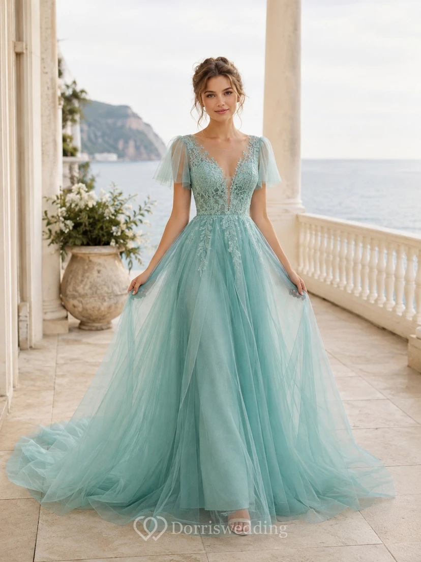 Romantisches Brautkleid in A-Linie aus türkisfarbenem Tüll mit kurzen Ärmeln, V-Ausschnitt, Applikationen und türkisfarbenem Schnitt