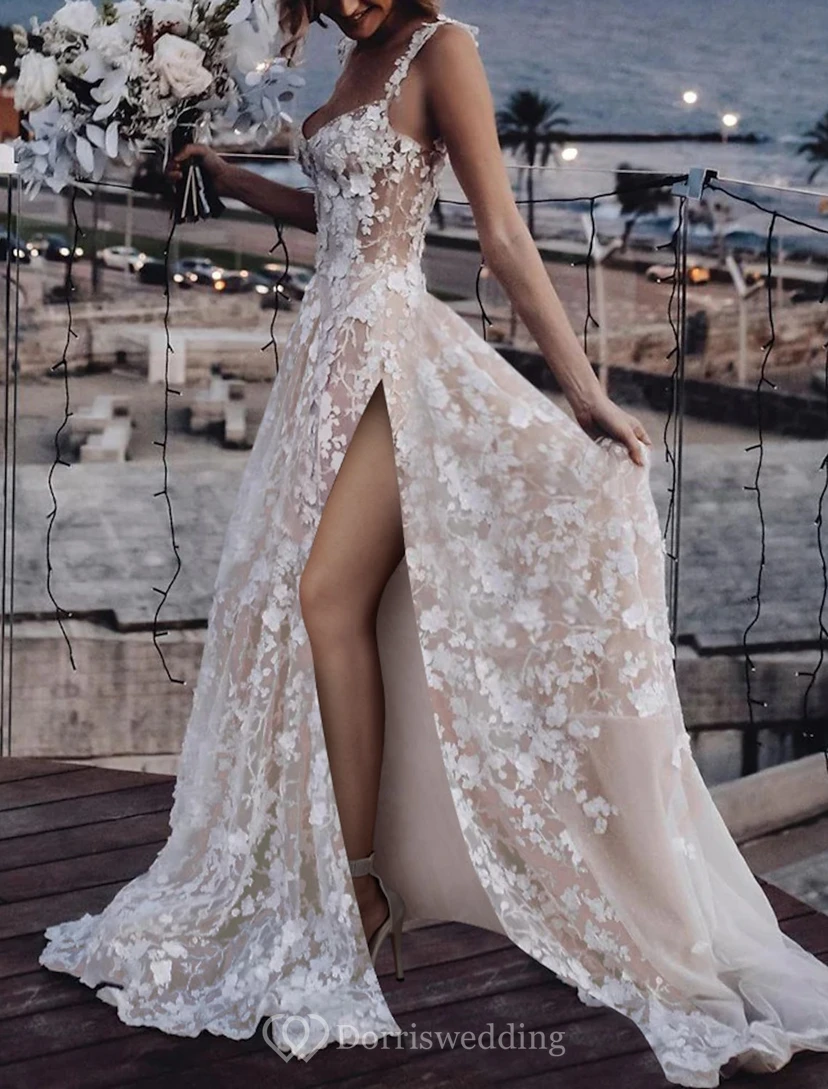 Sultry Floral Applique Wedding Dress with Thigh-High Slit view 3